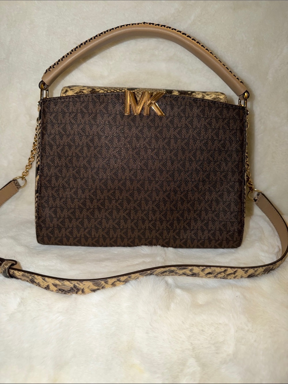Michael Kors Brown Signature MK Top-Handle Shoulder Bag with Gold Hardware
